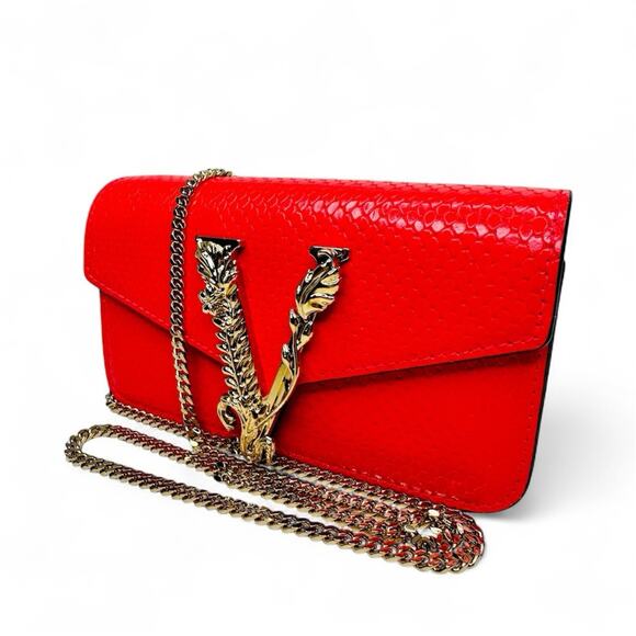 NWT Versace Virtus Gold Engraved Coral Red Leather Mini Evening Crossbody Bag - Picture 3 of 11